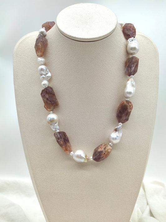 AMETHYST ROUGH STONE BAROQUE PEARL NECKLACE