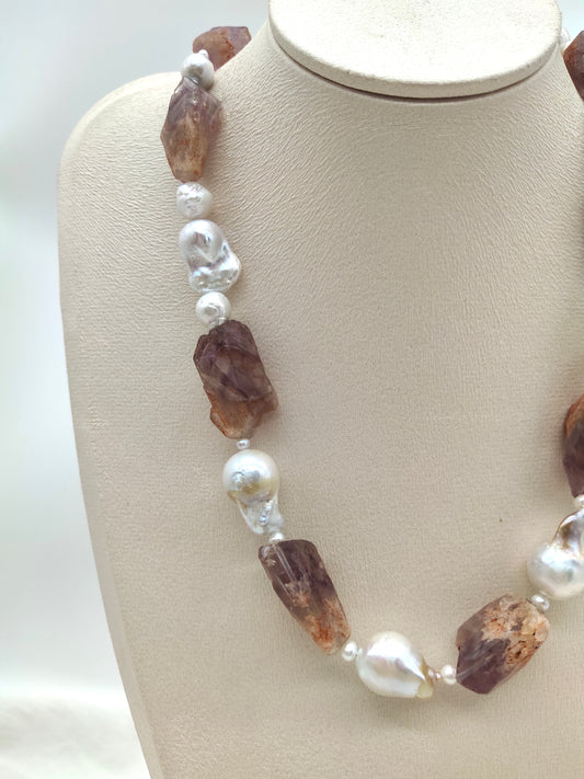 AMETHYST ROUGH STONE BAROQUE PEARL NECKLACE