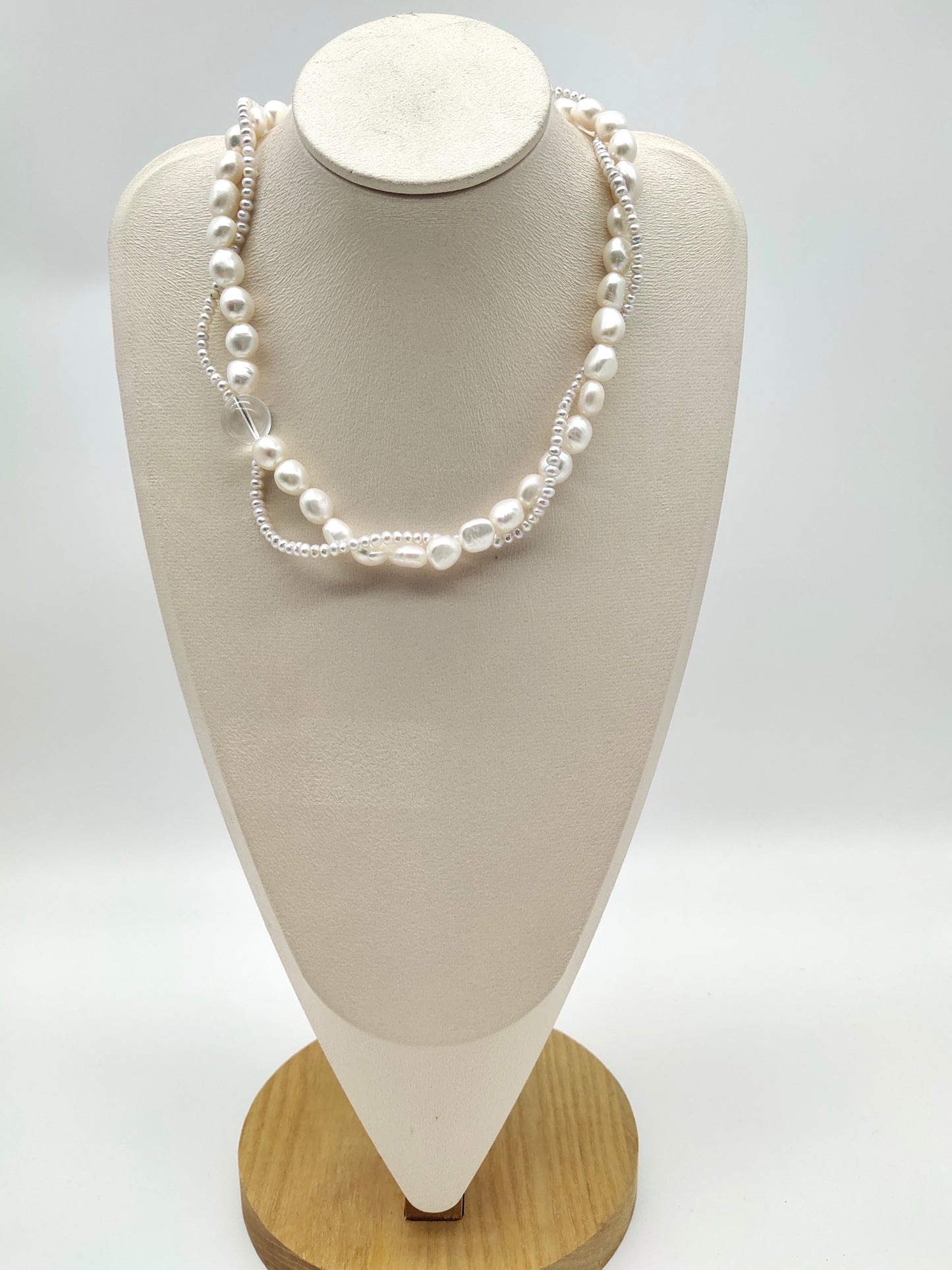 FRESHWATER PEARL TWIST NECKLACE WITH WHITE CRYSTAL QUARTZ BEADS