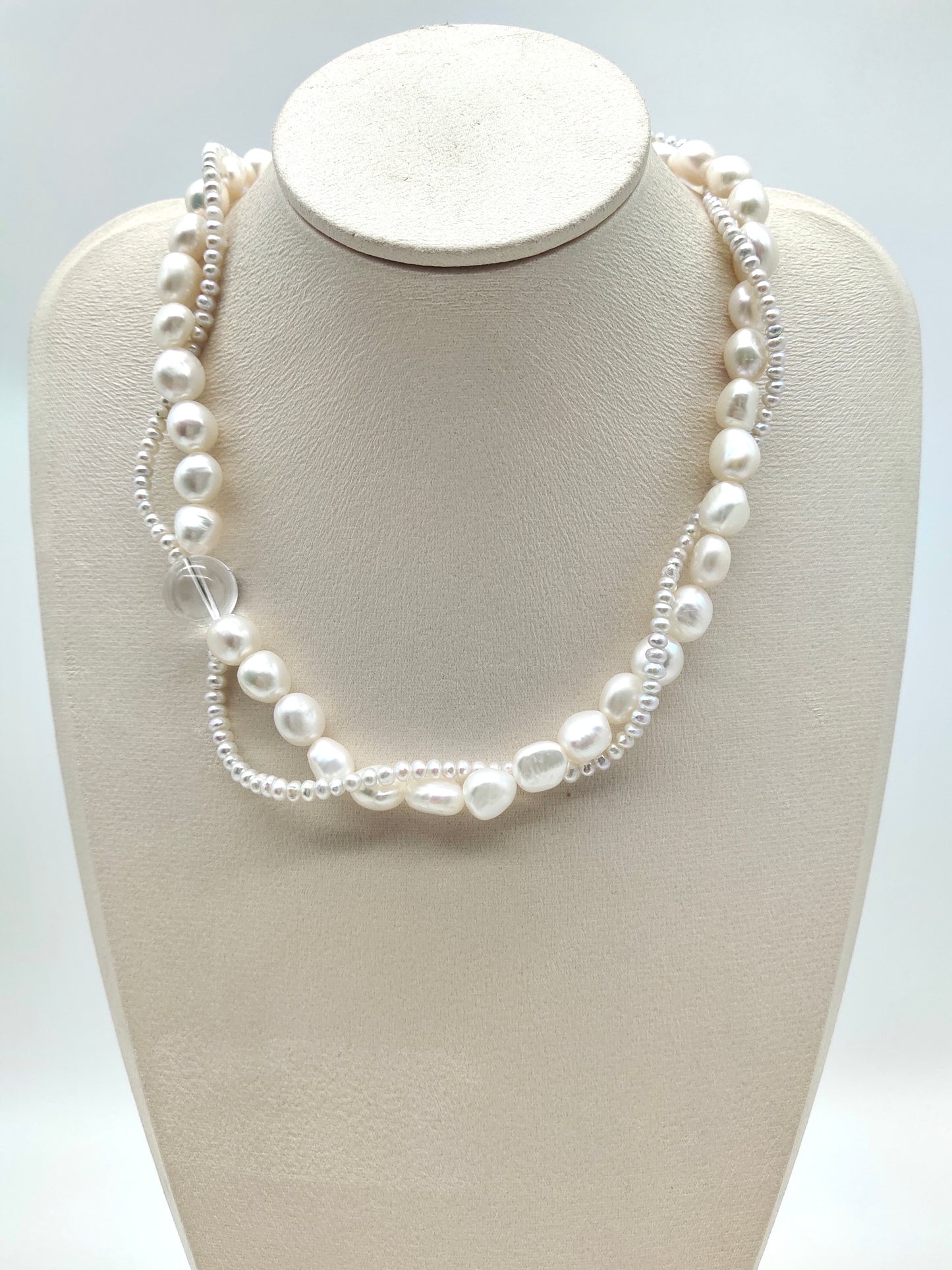 FRESHWATER PEARL TWIST NECKLACE WITH WHITE CRYSTAL QUARTZ BEADS