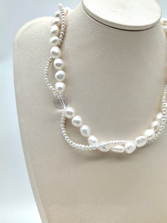 FRESHWATER PEARL TWIST NECKLACE WITH WHITE CRYSTAL QUARTZ BEADS