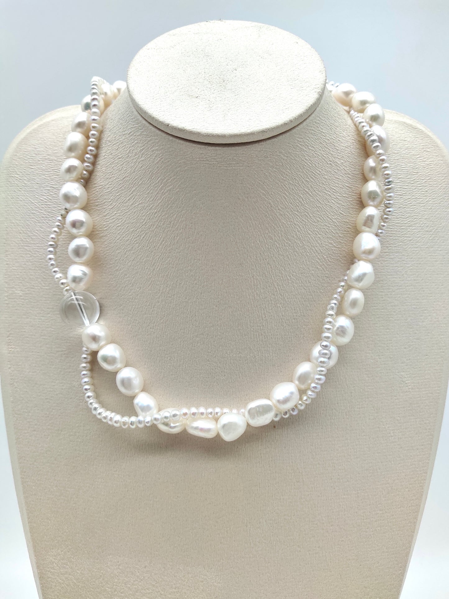 FRESHWATER PEARL TWIST NECKLACE WITH WHITE CRYSTAL QUARTZ BEADS