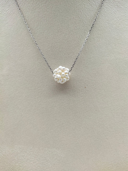 HANDMADE WEAVE WHITE PEARL BALL CLUSTER PENDANT NECKLACE