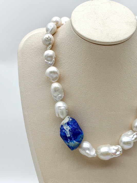 WHITE BAROQUE PEARL NECKLACE: NATURAL LAPIS LAZULI & CLEAR QUARTZ