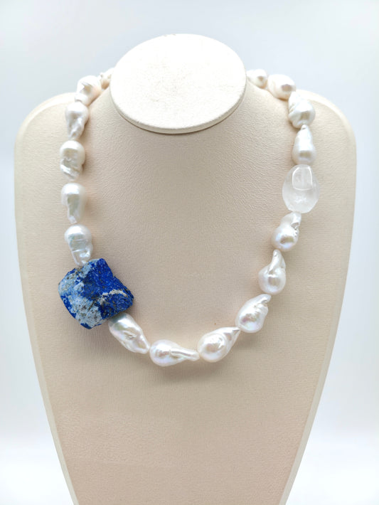 WHITE BAROQUE PEARL NECKLACE: NATURAL LAPIS LAZULI & CLEAR QUARTZ