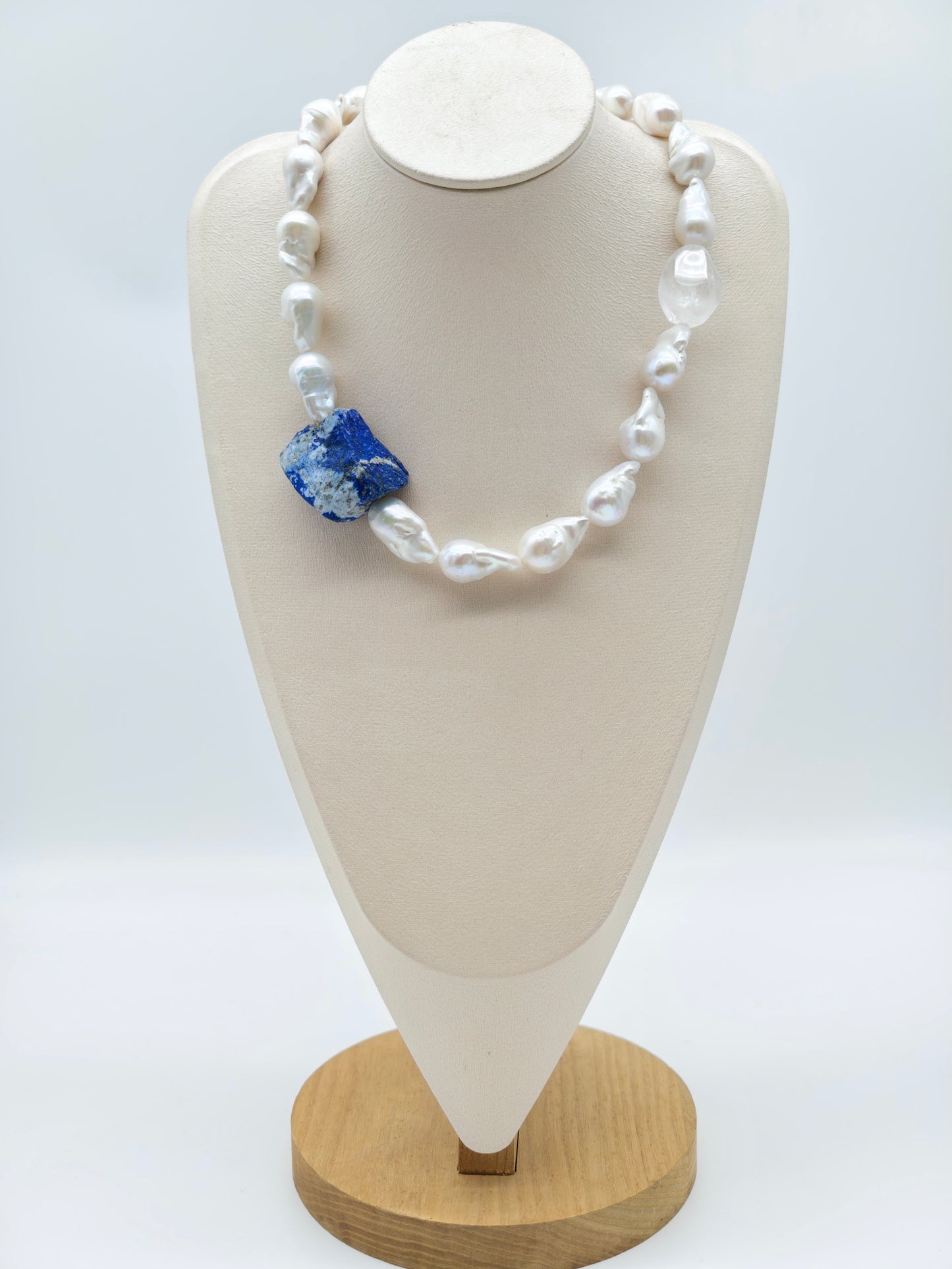 WHITE BAROQUE PEARL NECKLACE: NATURAL LAPIS LAZULI & CLEAR QUARTZ