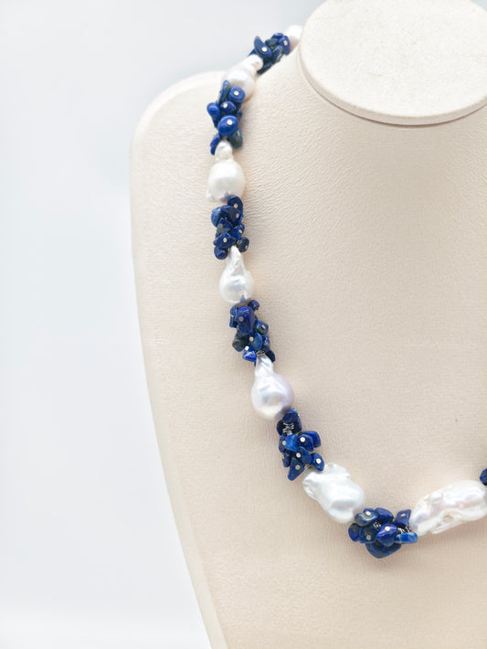 LARGE BAROQUE PEARL & LAPIS LAZULI NECKLACE