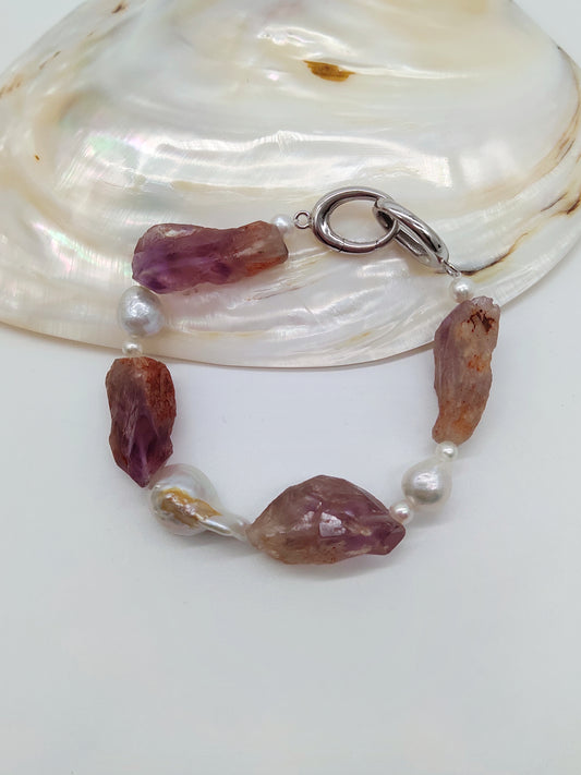 AMETHYST ROUGH STONE BAROQUE PEARL BRACELET