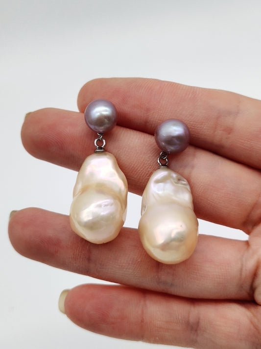 TWO- TONE COLOUR BAROQUE PEARL EARRINGS