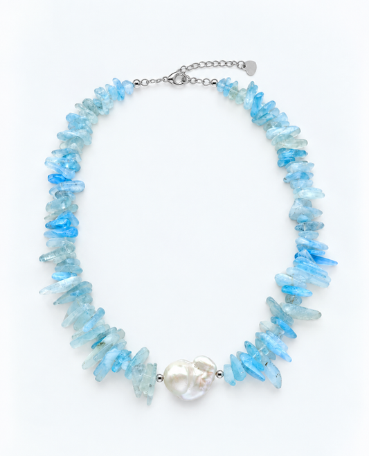 LARGE BAROQUE PEARL WITH AQUAMARINE NECKLACE
