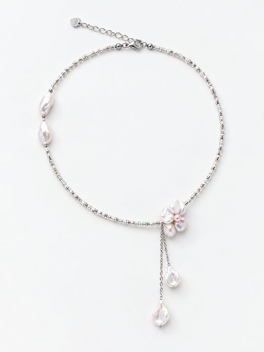 ROMANTIC BLOOM PEARL NECKLACE WITH SILVER BEADS