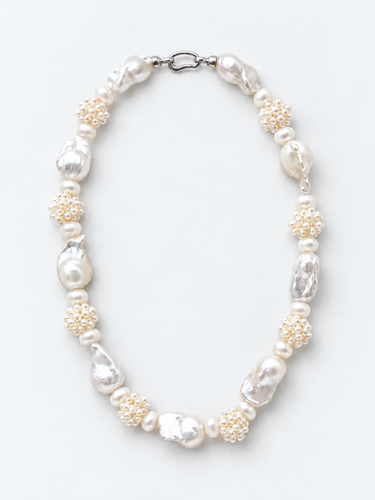 HANDMADE WEAVE WHITE PEARL BALL WITH BAROQUE PEARL NECKLACE