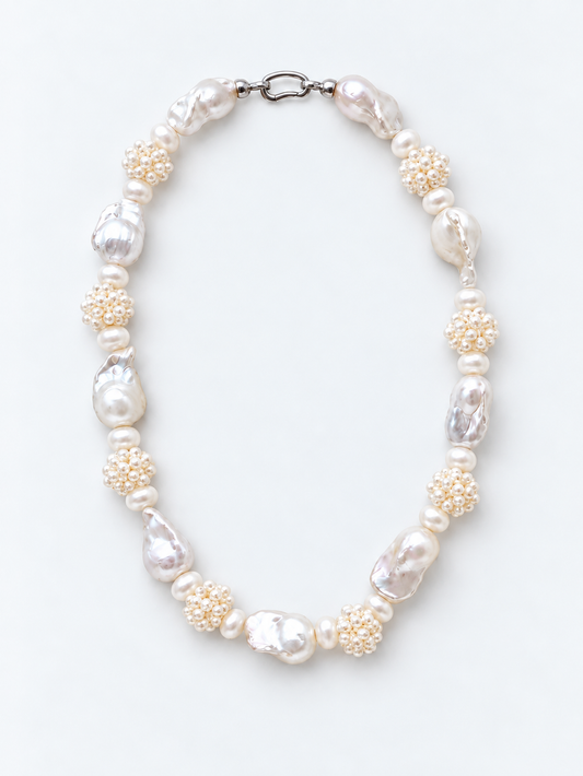 HANDMADE WEAVE WHITE PEARL BALL WITH BAROQUE PEARL NECKLACE