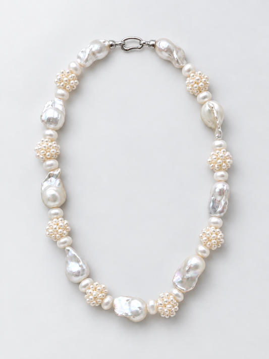 HANDMADE WEAVE WHITE PEARL BALL WITH BAROQUE PEARL NECKLACE