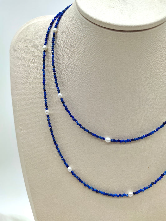 NATURAL LAPIS LAZULI WITH FRESHWATER PEARL NECKLACE - 90cm