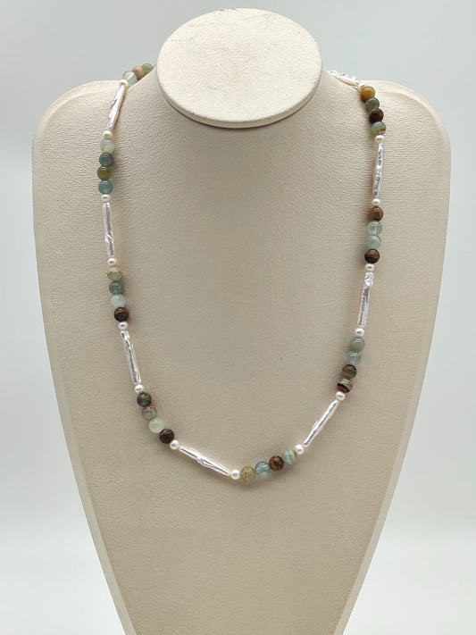BLUE CALCITE NECKLACE WITH FRESHWATER PEARL