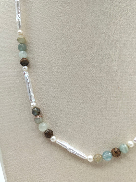 BLUE CALCITE NECKLACE WITH FRESHWATER PEARL