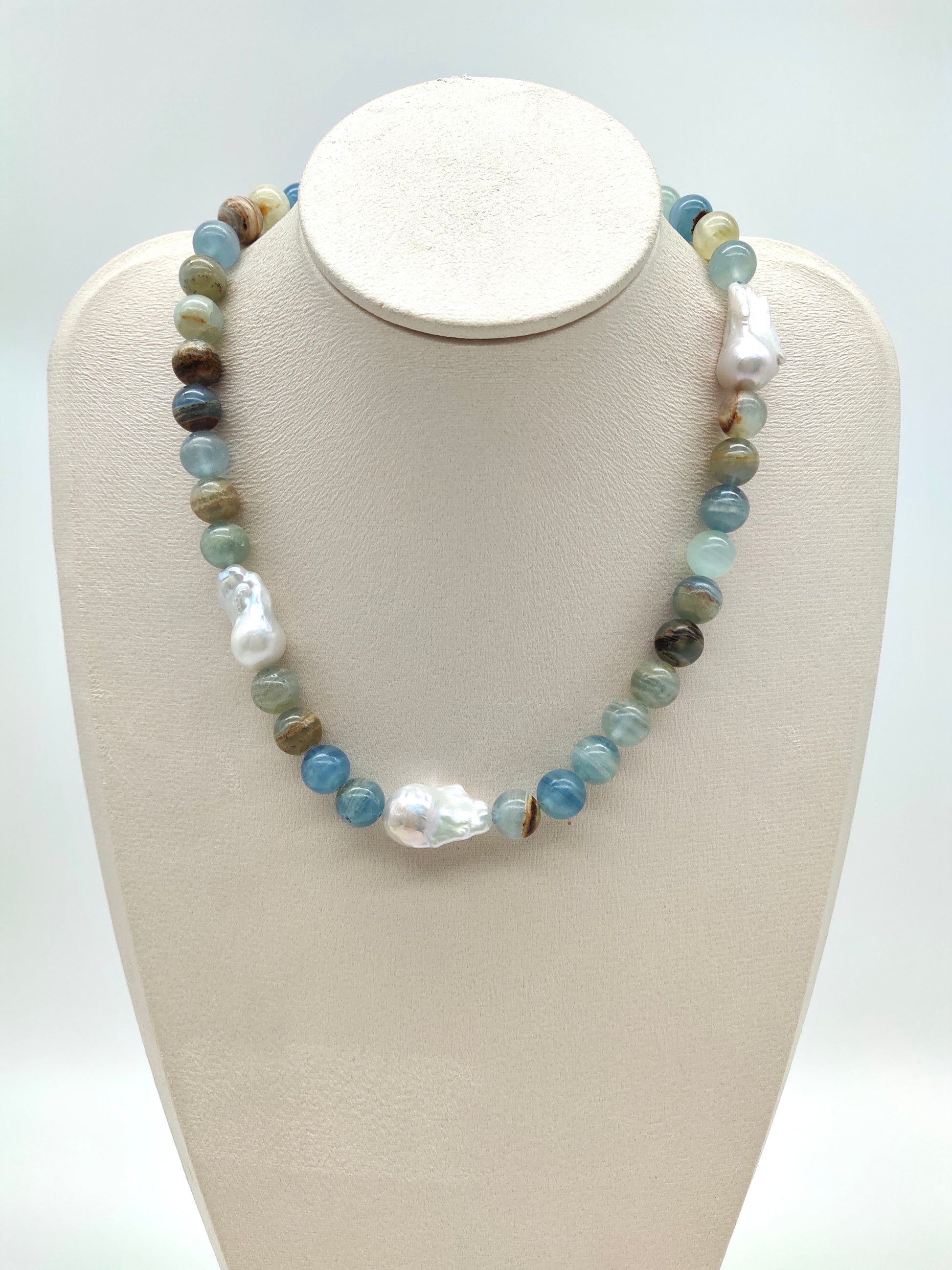 BLUE CALCITE NECKLACE WITH BAROQUE PEARL - HEALING & ELEGANT