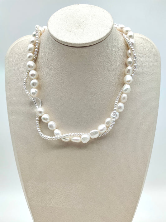 FRESHWATER PEARL TWIST NECKLACE WITH WHITE CRYSTAL QUARTZ BEADS