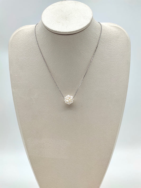 HANDMADE WEAVE WHITE PEARL BALL CLUSTER PENDANT  NECKLACE