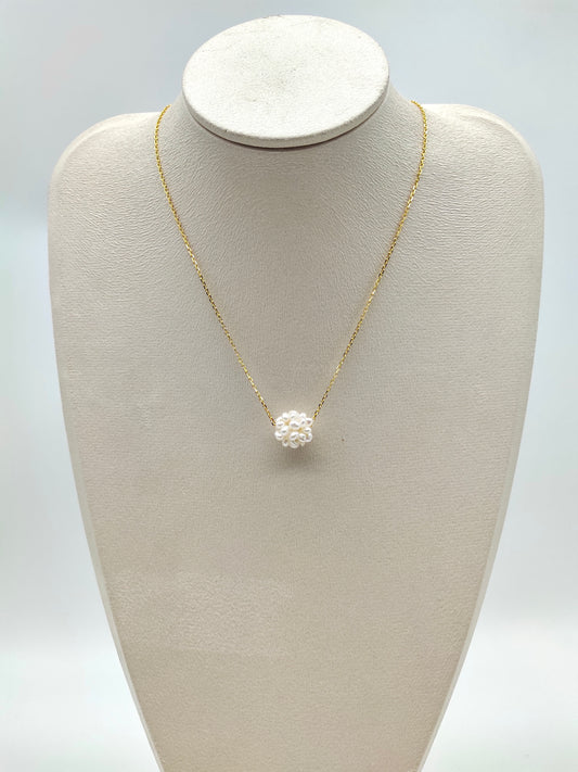 HANDMADE WEAVE WHITE PEARL BALL CLUSTER PENDANT  NECKLACE