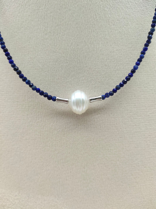 NATURAL LAPIS LAZULI NECKLACE WITH SOUTHSEA PEARL