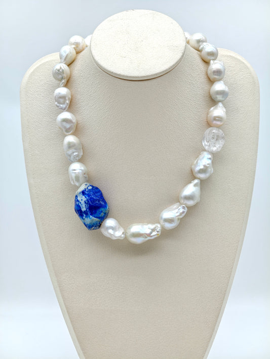 WHITE BAROQUE PEARL NECKLACE: NATURAL LAPIS LAZULI & CLEAR QUARTZ