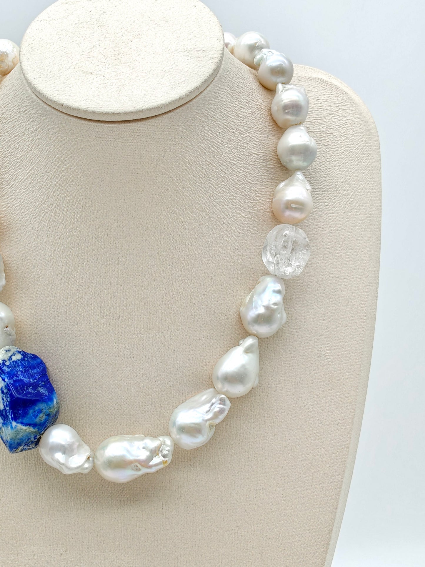 WHITE BAROQUE PEARL NECKLACE: NATURAL LAPIS LAZULI & CLEAR QUARTZ