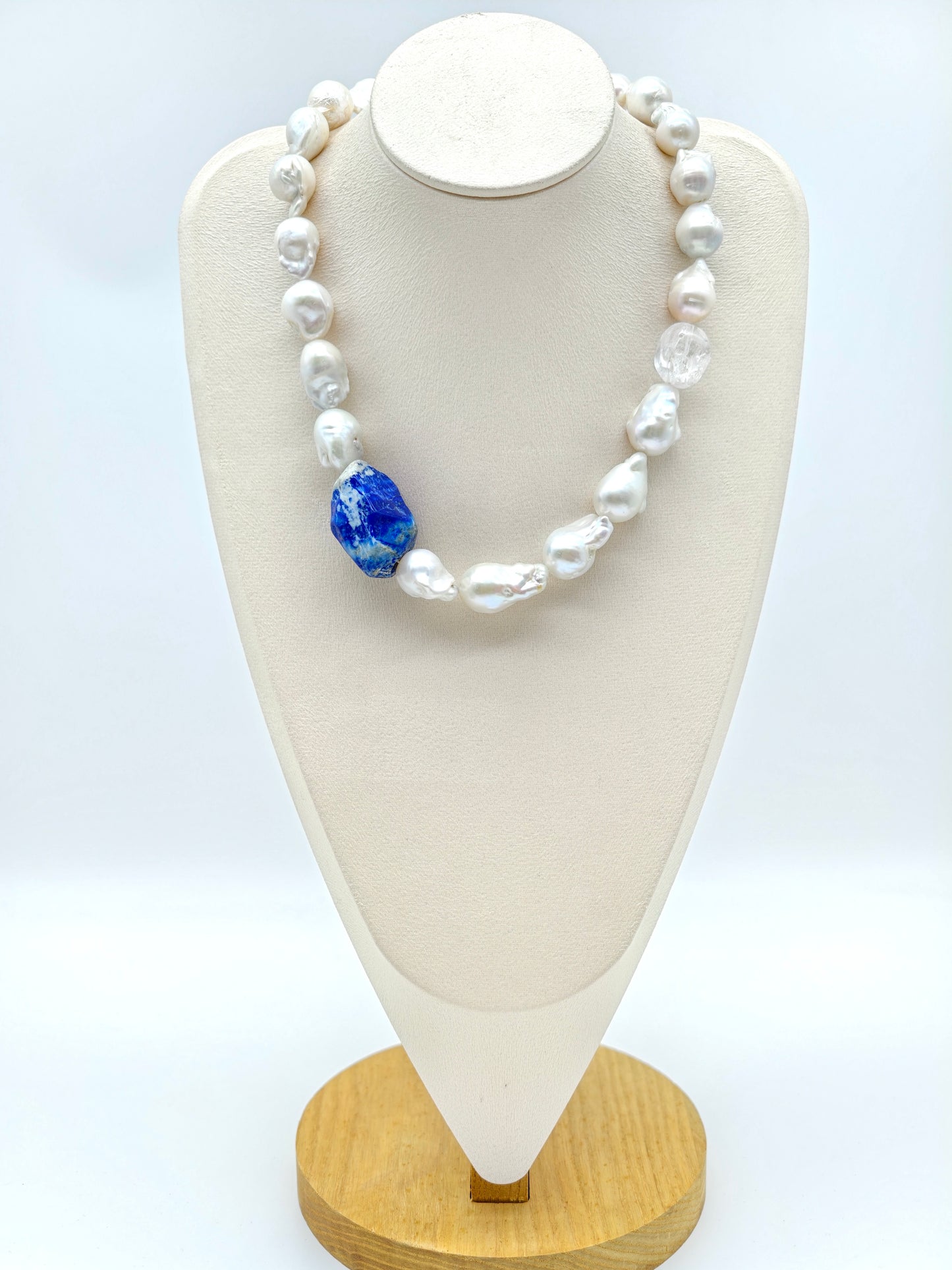 WHITE BAROQUE PEARL NECKLACE: NATURAL LAPIS LAZULI & CLEAR QUARTZ