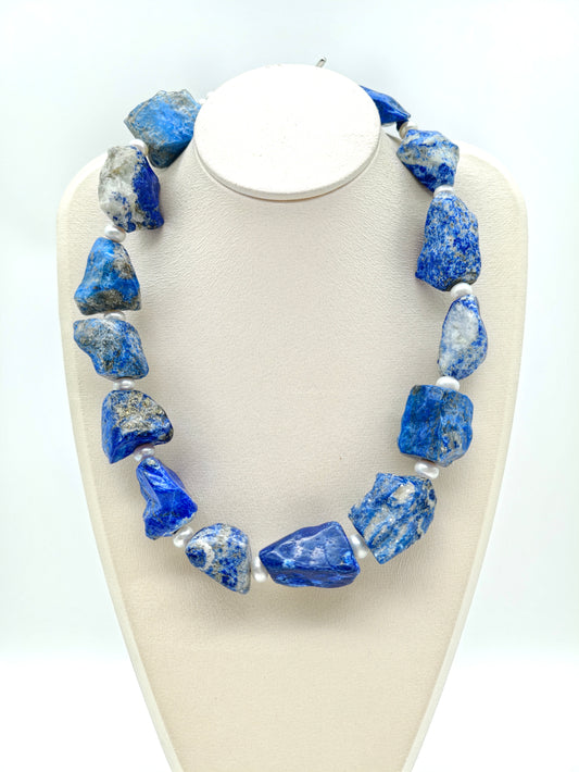 RAW NATURAL LAPIS LAZULI FRESHWATER PEARL NECKLACE