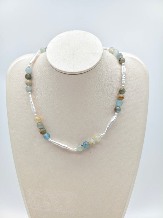 BLUE CALCITE NECKLACE WITH FRESHWATER PEARL