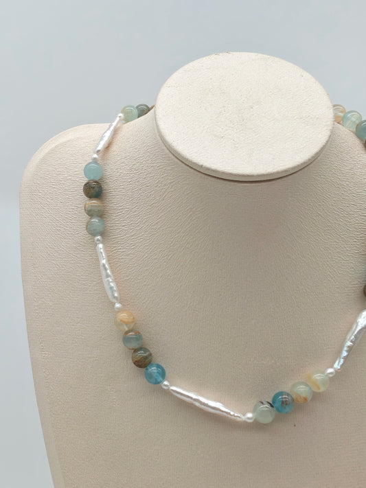 BLUE CALCITE NECKLACE WITH FRESHWATER PEARL
