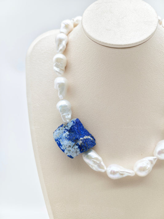 WHITE BAROQUE PEARL NECKLACE: NATURAL LAPIS LAZULI & CLEAR QUARTZ