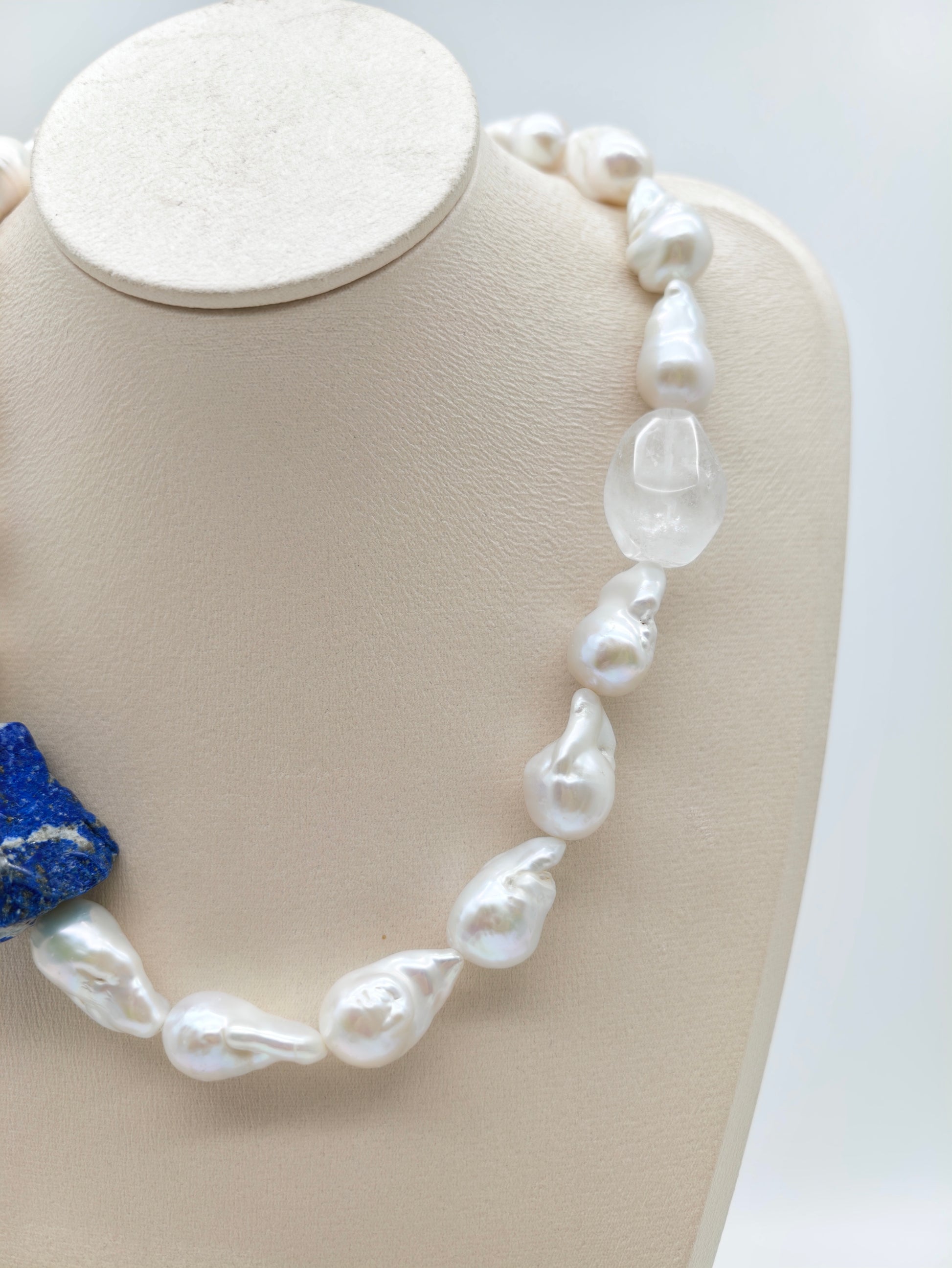 WHITE BAROQUE PEARL NECKLACE: NATURAL LAPIS LAZULI & CLEAR QUARTZ