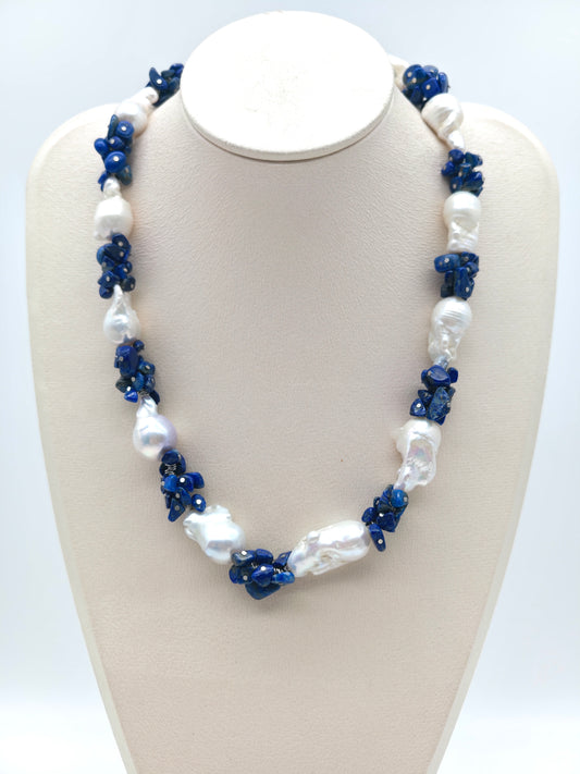 LARGE BAROQUE PEARL & LAPIS LAZULI NECKLACE