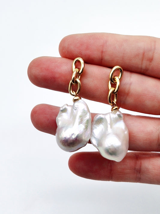 LARGE WHITE BAROQUE PEARL EARRINGS