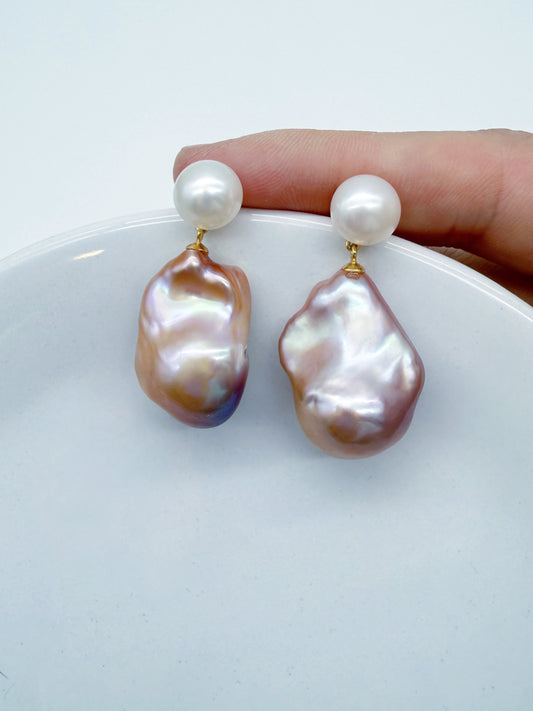 TWO- TONE COLOUR BAROQUE PEARL EARRINGS