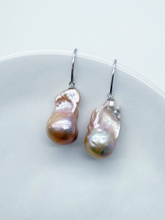 NATURAL PINK LARGE BAROQUE PEARL EARRINGS