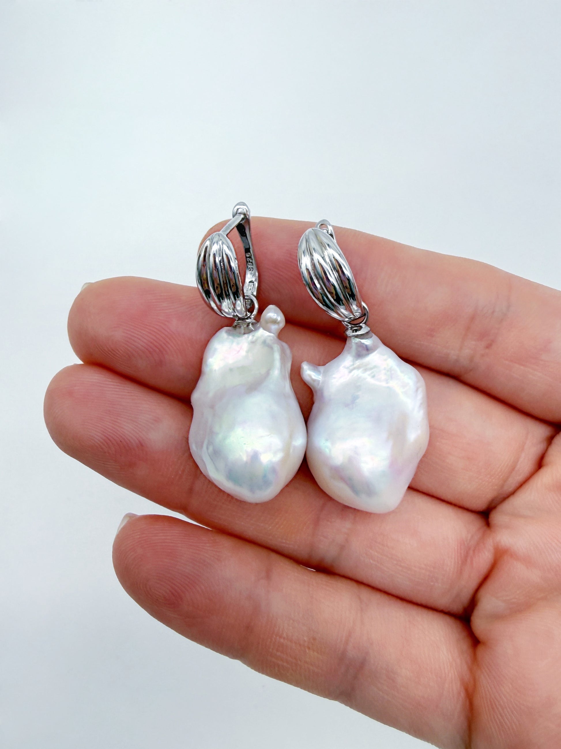 LARGE WHITE BAROQUE PEARL EARRINGS WITH A RAINBOW ORIENT
