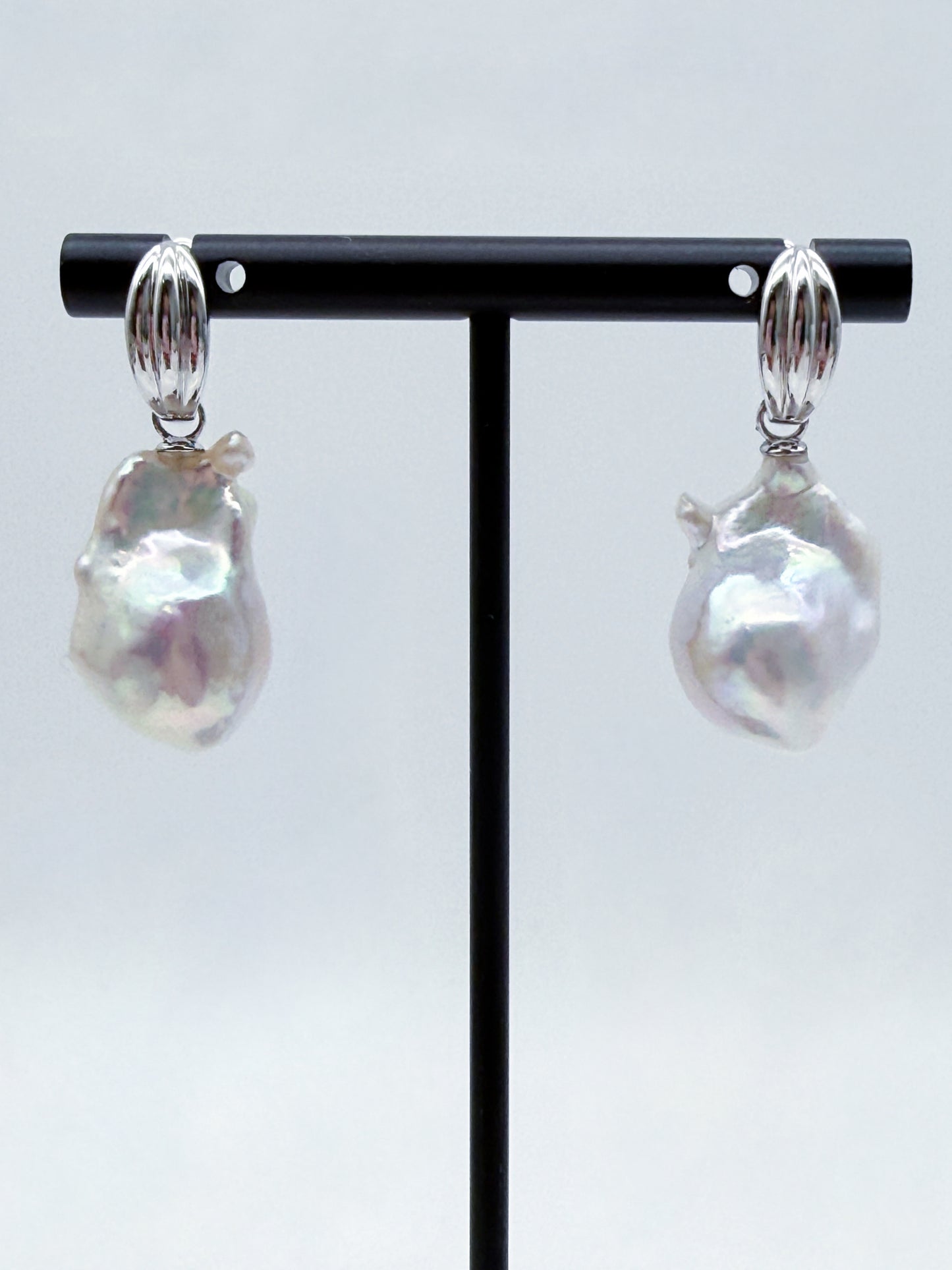 LARGE WHITE BAROQUE PEARL EARRINGS WITH A RAINBOW ORIENT