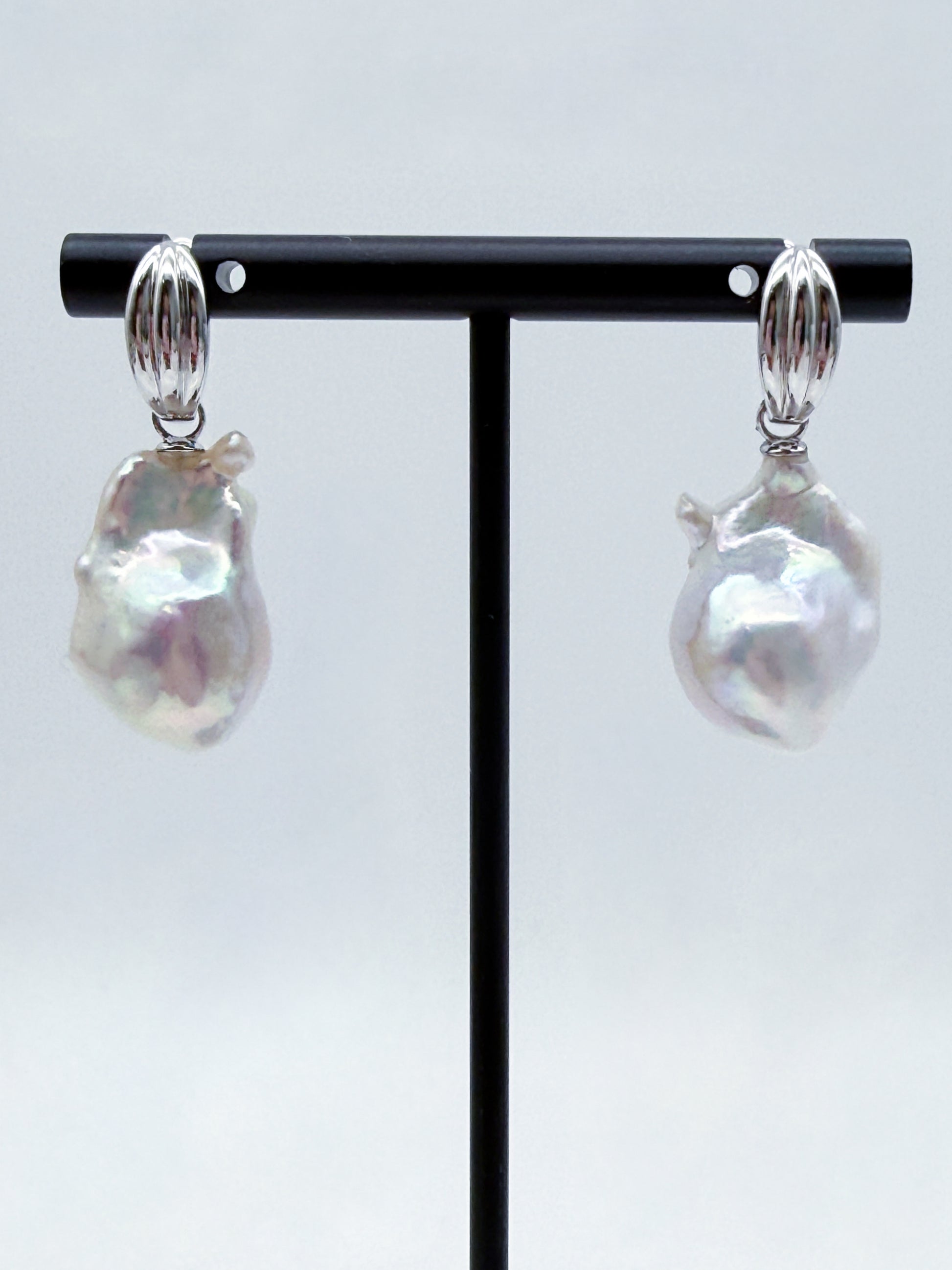LARGE WHITE BAROQUE PEARL EARRINGS WITH A RAINBOW ORIENT