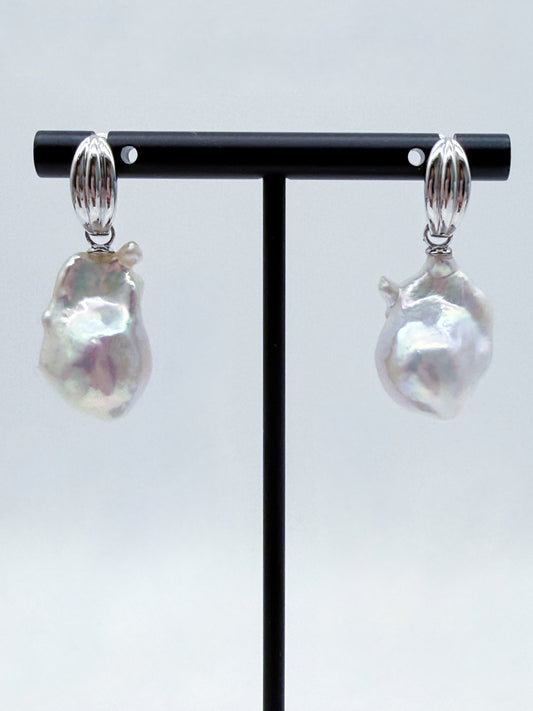 LARGE WHITE BAROQUE PEARL EARRINGS WITH A RAINBOW ORIENT