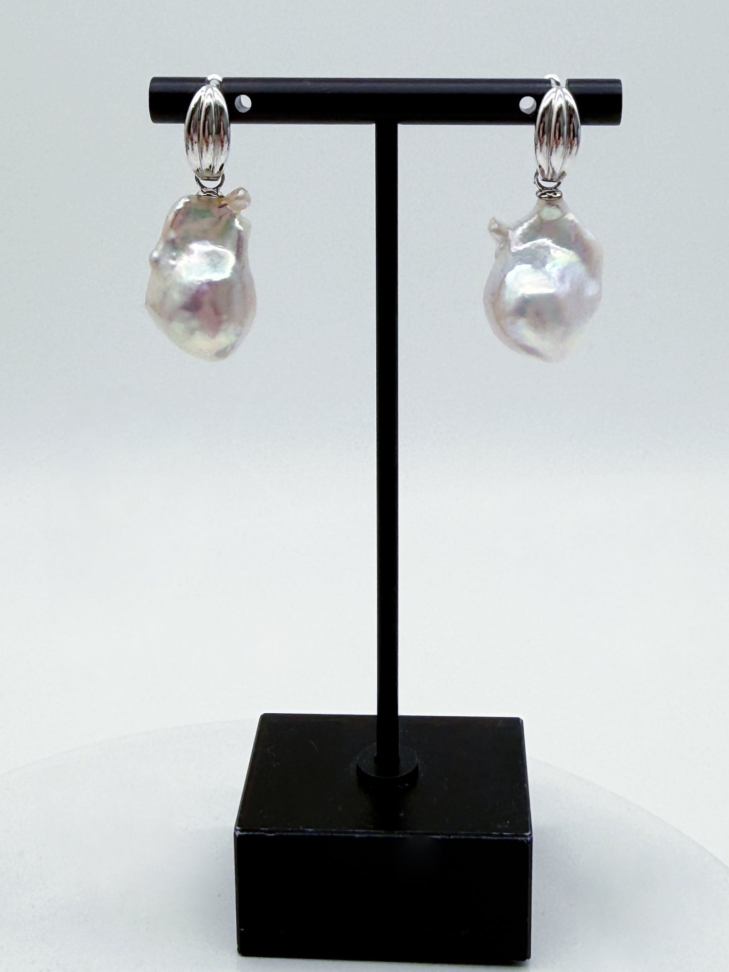 LARGE WHITE BAROQUE PEARL EARRINGS WITH A RAINBOW ORIENT