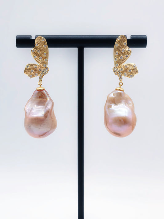 NATURAL PEACH LARGE BAROQUE PEARL EARRINGS