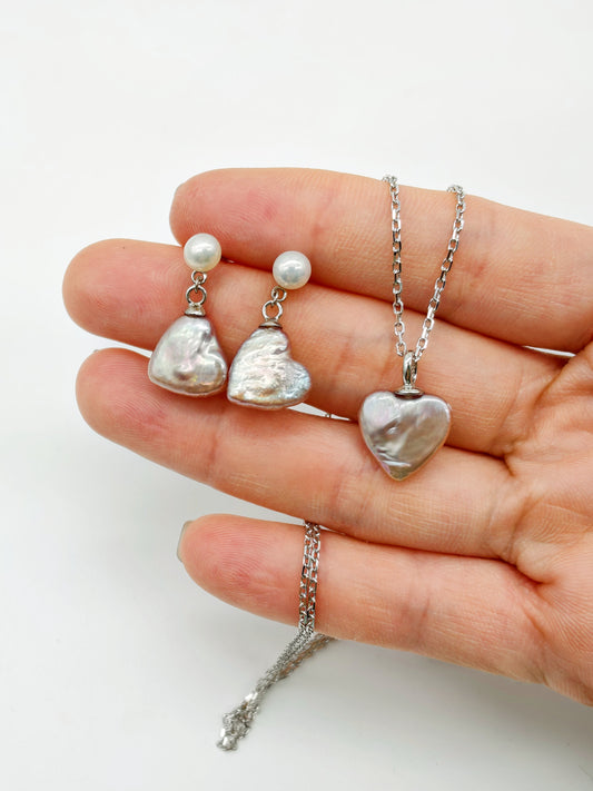 CUSTOM MADE PINK LOVE HEART PEARL EARRINGS AND NECKLACE
