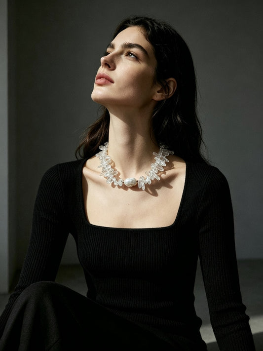 LARGE BAROQUE PEARL WITH CLEAR QUARTZ NECKLACE