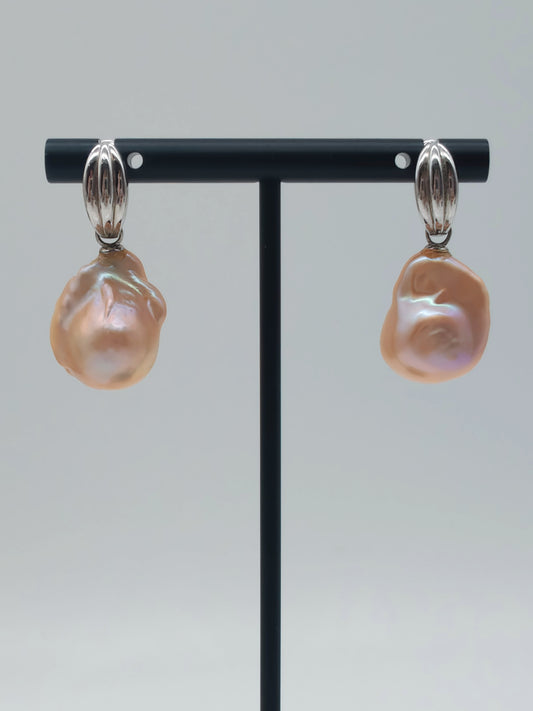 NATURAL PEACH COLOUR LARGE BAROQUE PEARL EARRINGS