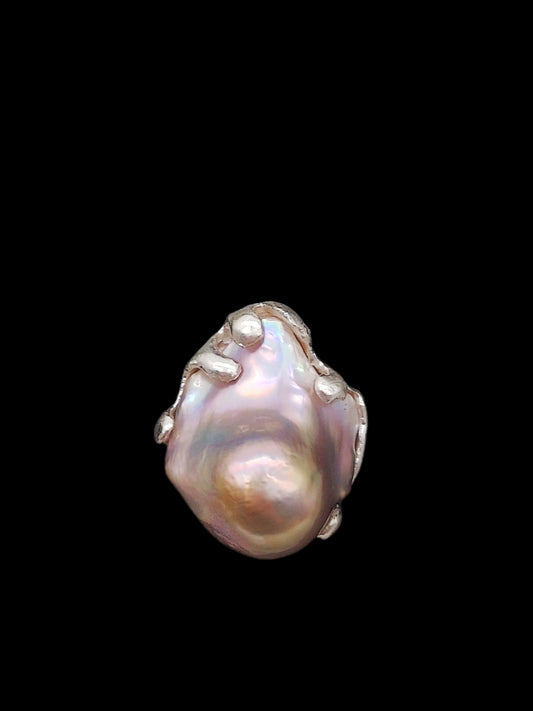 IRIDESCENT PURE SILVER LARGE BAROQUE PEARL RING