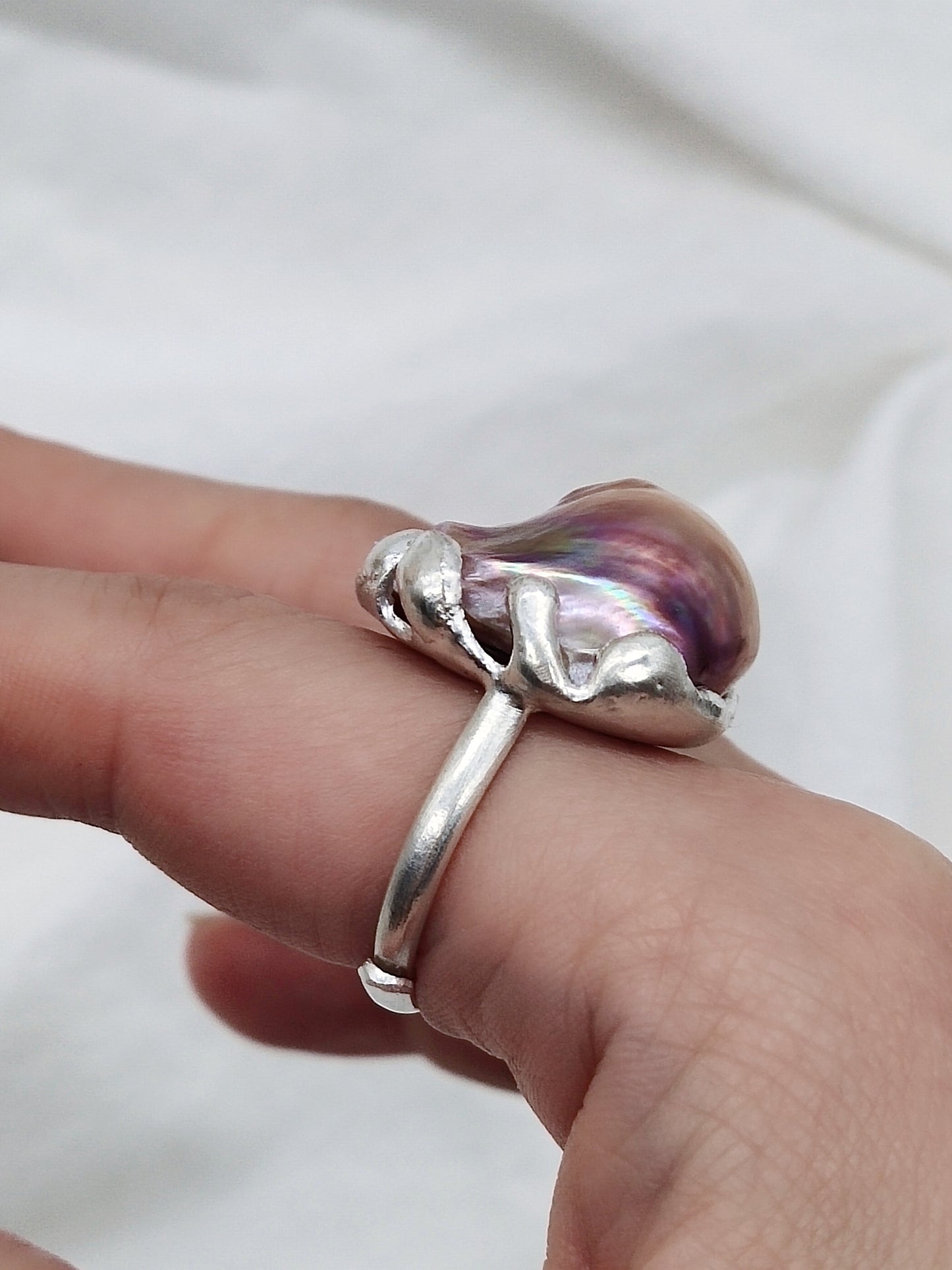 IRIDESCENT PURE SILVER LARGE BAROQUE PEARL RING