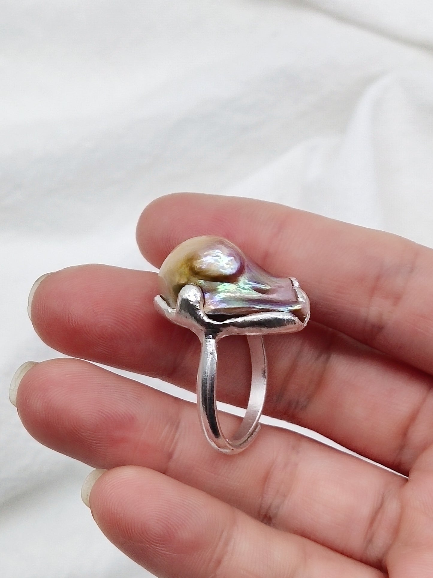 IRIDESCENT PURE SILVER LARGE BAROQUE PEARL RING